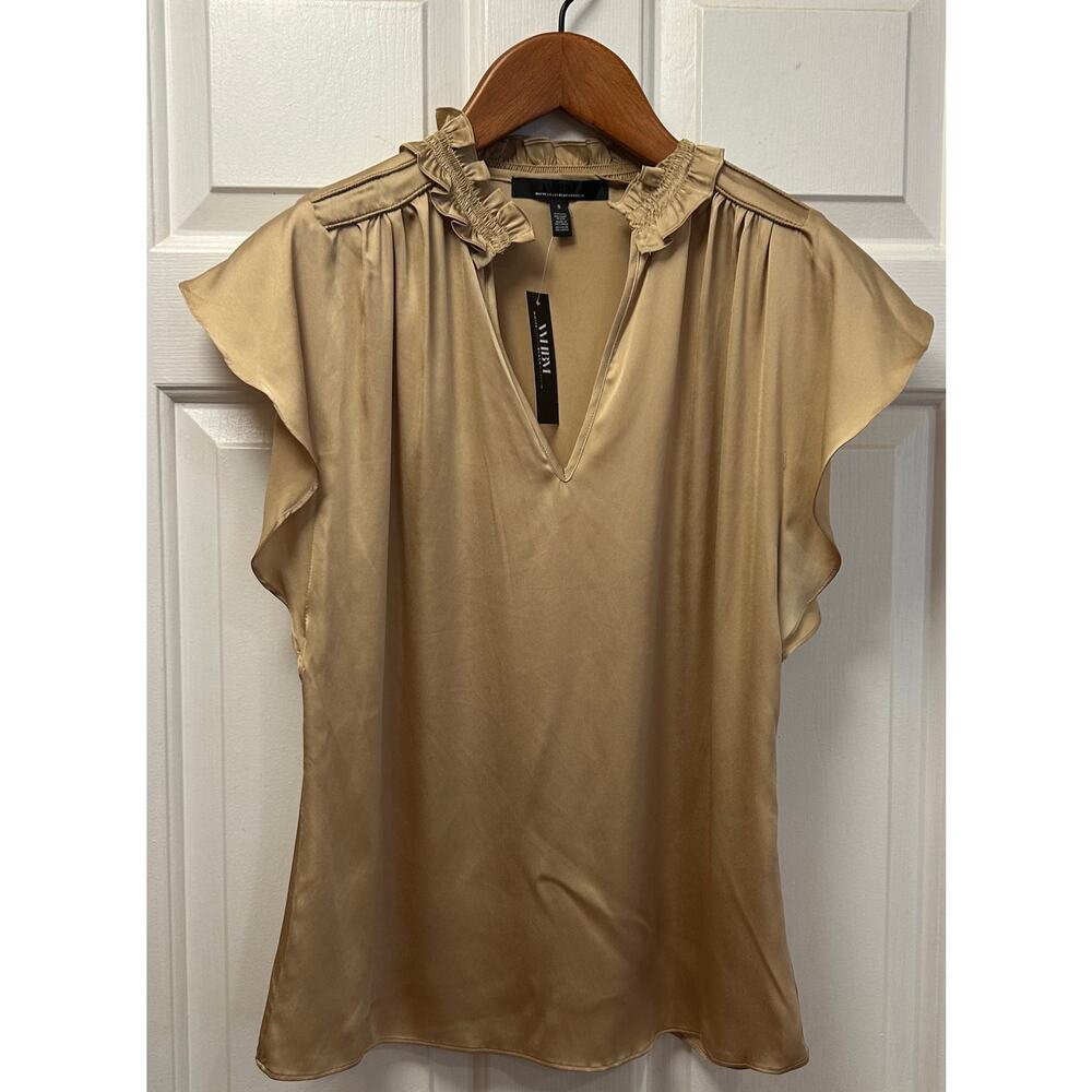 NWT White House Black Market Ruched Neck Flutter Shell Top, Size S